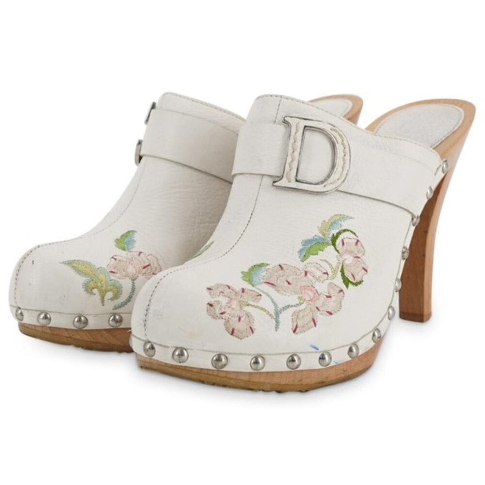 Christian Dior Leather Floral Embroidered Mules